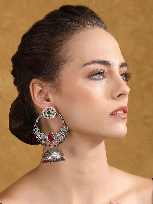 Oxidized Silver-Plated Jhumka Earrings with Red & Green Beads