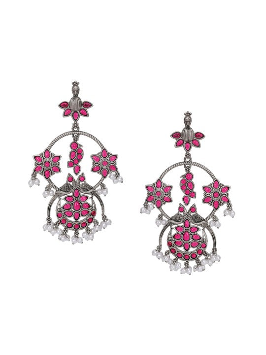 Antique Silver-Plated Red Stone Chandelier Earrings with Pearl Drops
