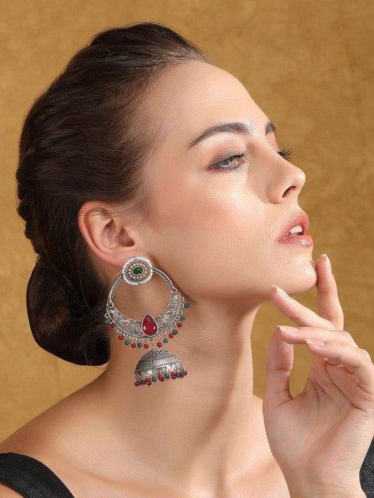 Oxidized Silver-Plated Jhumka Earrings with Red & Green Beads