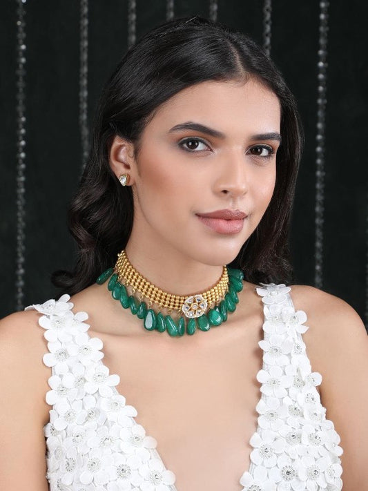 Gold Plated Kundan Green and Gold Necklace Set