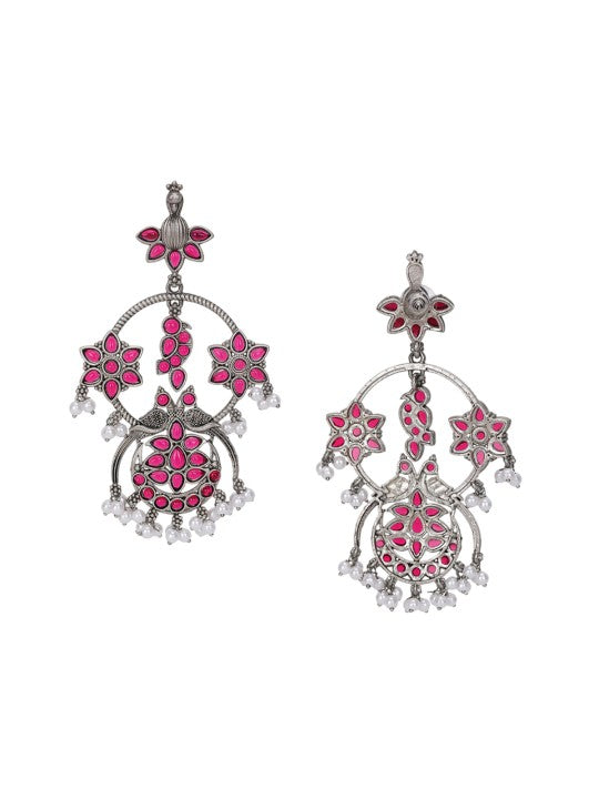 Antique Silver-Plated Red Stone Chandelier Earrings with Pearl Drops