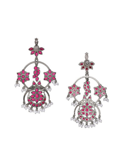 Antique Silver-Plated Red Stone Chandelier Earrings with Pearl Drops