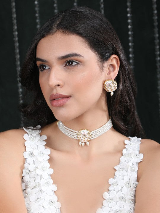 Gold-Plated White Kundan & Pearl Choker Necklace Set