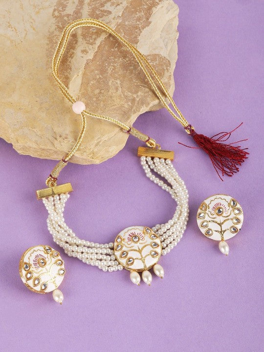 Gold-Plated White Kundan & Pearl Choker Necklace Set