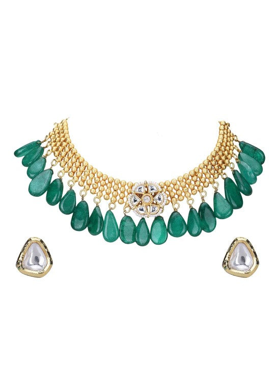 Gold Plated Kundan Green and Gold Necklace Set