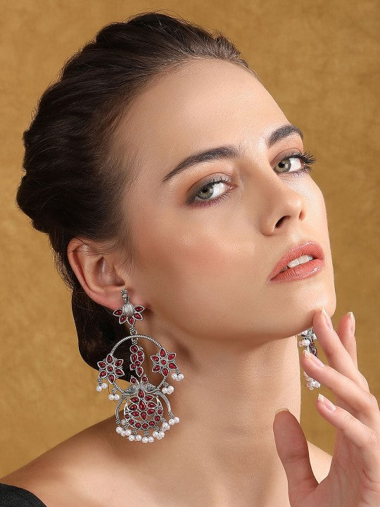 Antique Silver-Plated Red Stone Chandelier Earrings with Pearl Drops