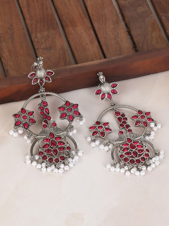 Antique Silver-Plated Red Stone Chandelier Earrings with Pearl Drops