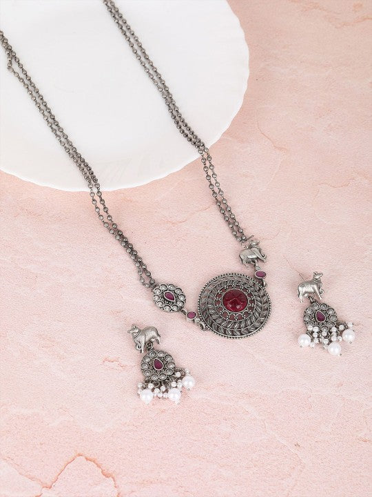 Silver-Plated Necklace Set with Earrings – Traditional Ethnic Jewelry