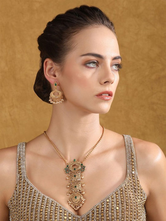 Antique Gold-Plated Temple Necklace Set with Intricate Pendant