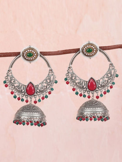 Oxidized Silver-Plated Jhumka Earrings with Red & Green Beads